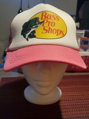 Source Unknown White and Pink Bass Pro Shops Logo Trucker Hat